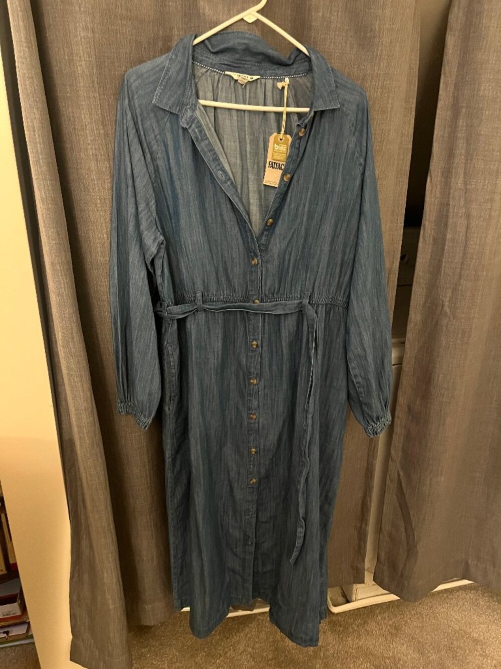 NWT FatFace US 14 Chambray Denim Button Front Midi Shirt Dress Tie Waist Balloon